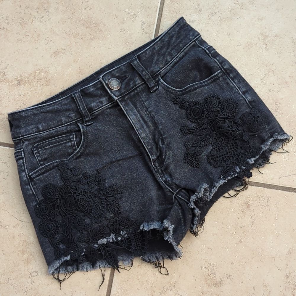 American Eagle Black High Rise Waist Shortie Lace Cut Off Denim Jean Shorts - 0